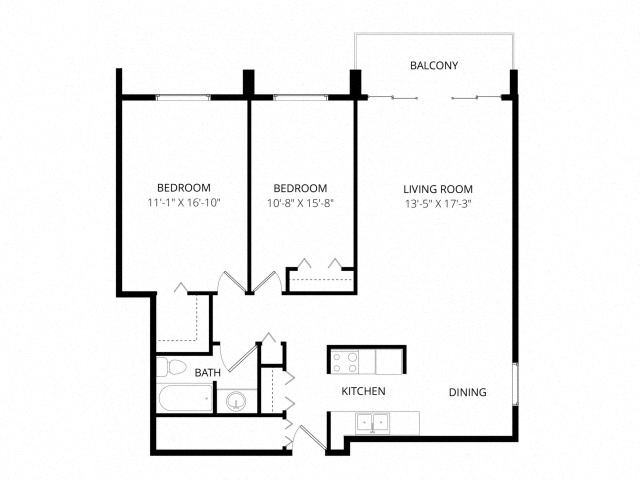 Floor plan for 2 beds, 1 bath, 1065 sqft